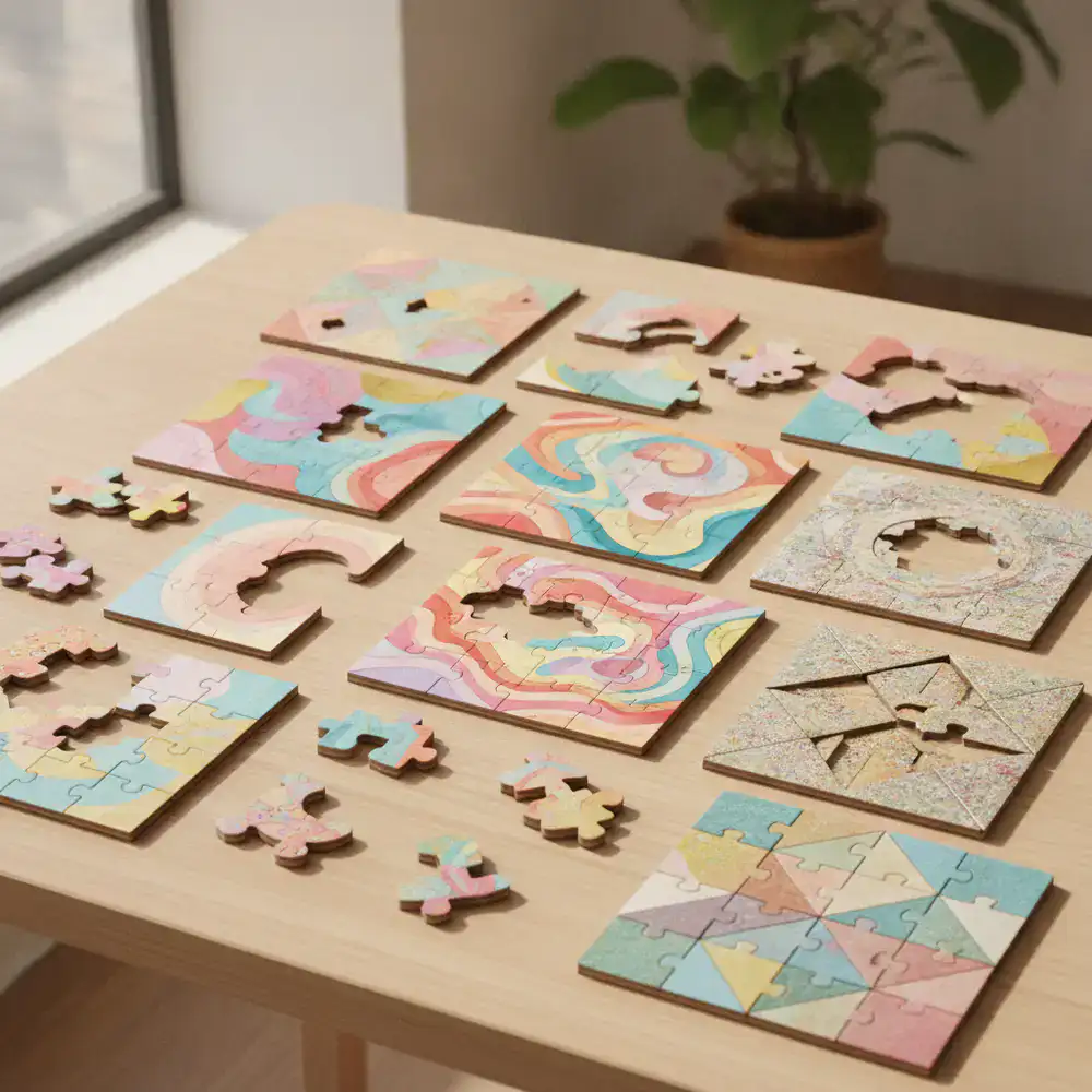 Várias iterações de design das peças do puzzle