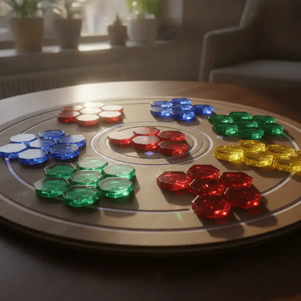 Tabuleiro de jogo colorido com peças brilhantes em formação de combinação