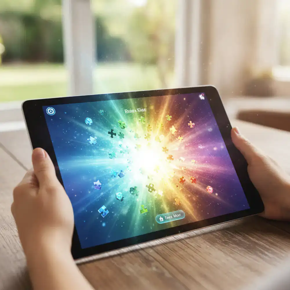Tela principal do jogo rodando em um tablet com cores vibrantes e peças de puzzle explodindo