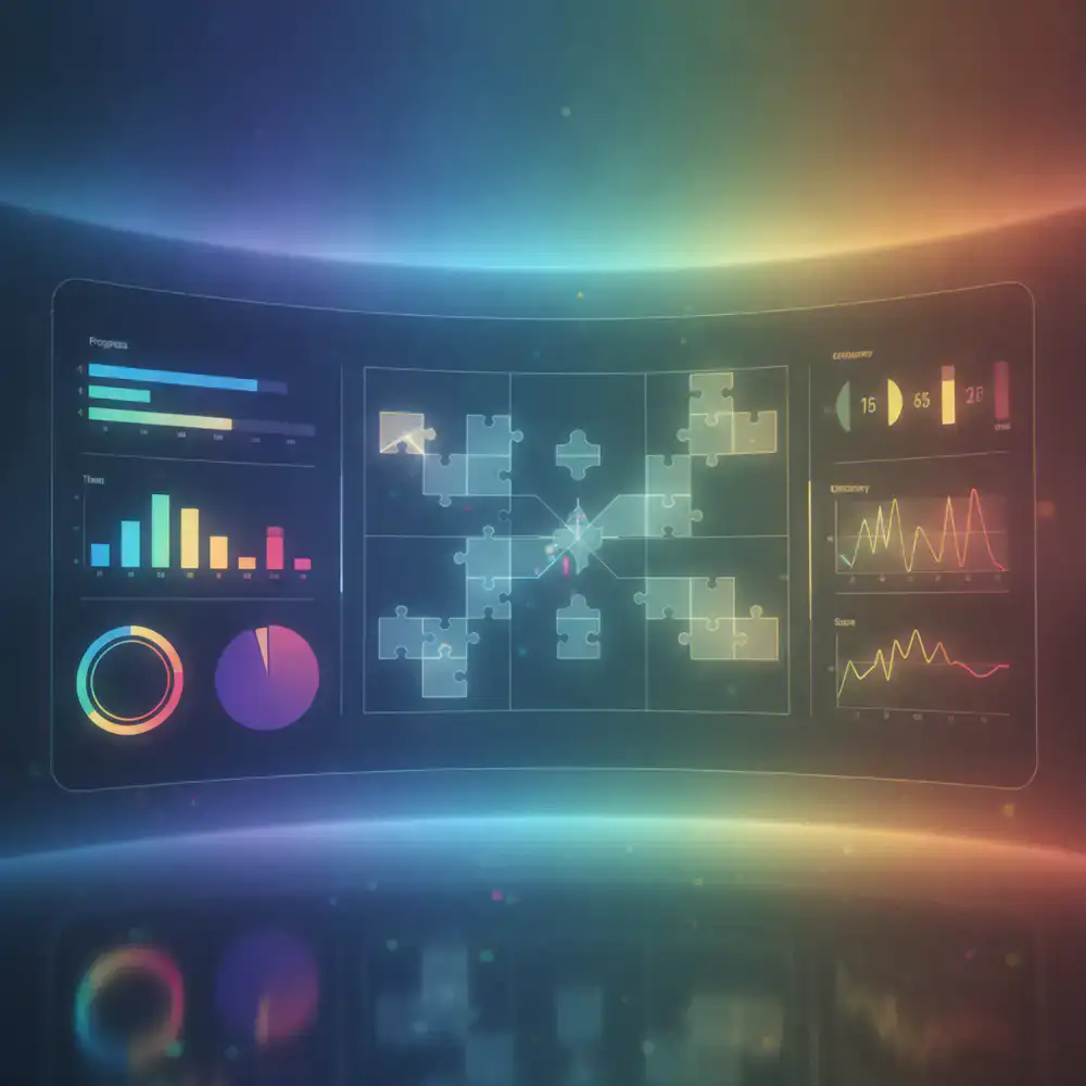 Interface abstrata mostrando a simulação de tabuleiros de puzzle e métricas