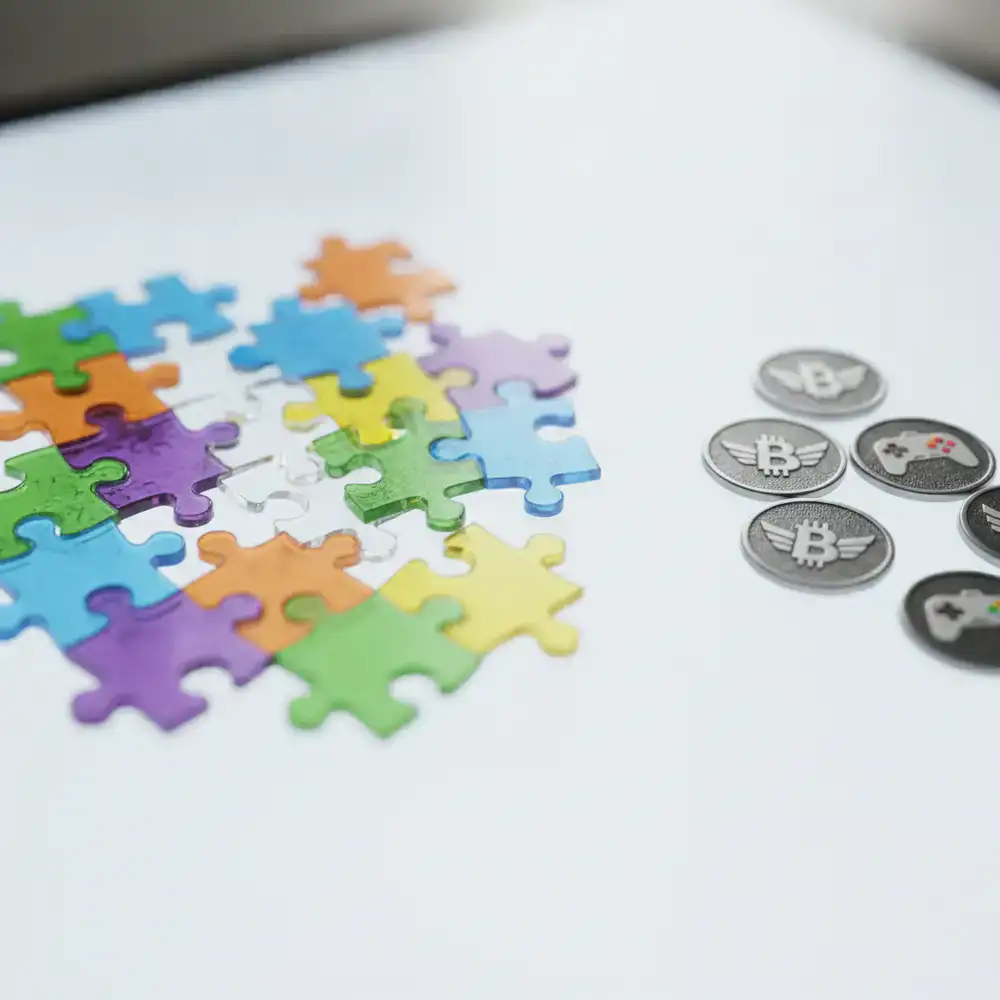 Peças coloridas de quebra-cabeça e emblemas de Beta Tester montados na tela